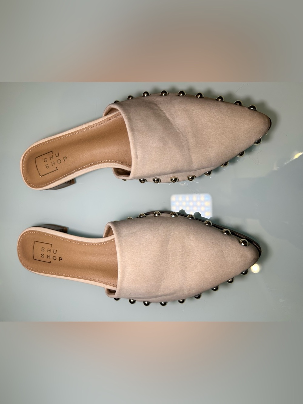 ShuShop Alaska Ivory Bone Studded Pointed Toe Mules | Slip-On Flats Neutral Chic - Picture 5 of 6